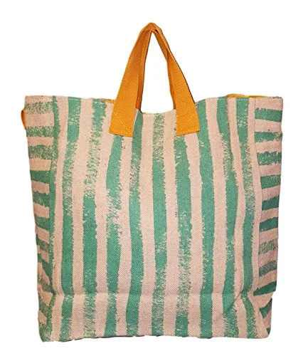 101 Beach - 2 In 1 Cross-Over Large Tote Bag - Custom Embroidery (Mint Stripe - Gold Trim)