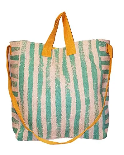 101 Beach - 2 In 1 Cross-Over Large Tote Bag - Custom Embroidery (Mint Stripe - Gold Trim)