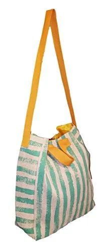 101 Beach - 2 In 1 Cross-Over Large Tote Bag - Custom Embroidery (Mint Stripe - Gold Trim)