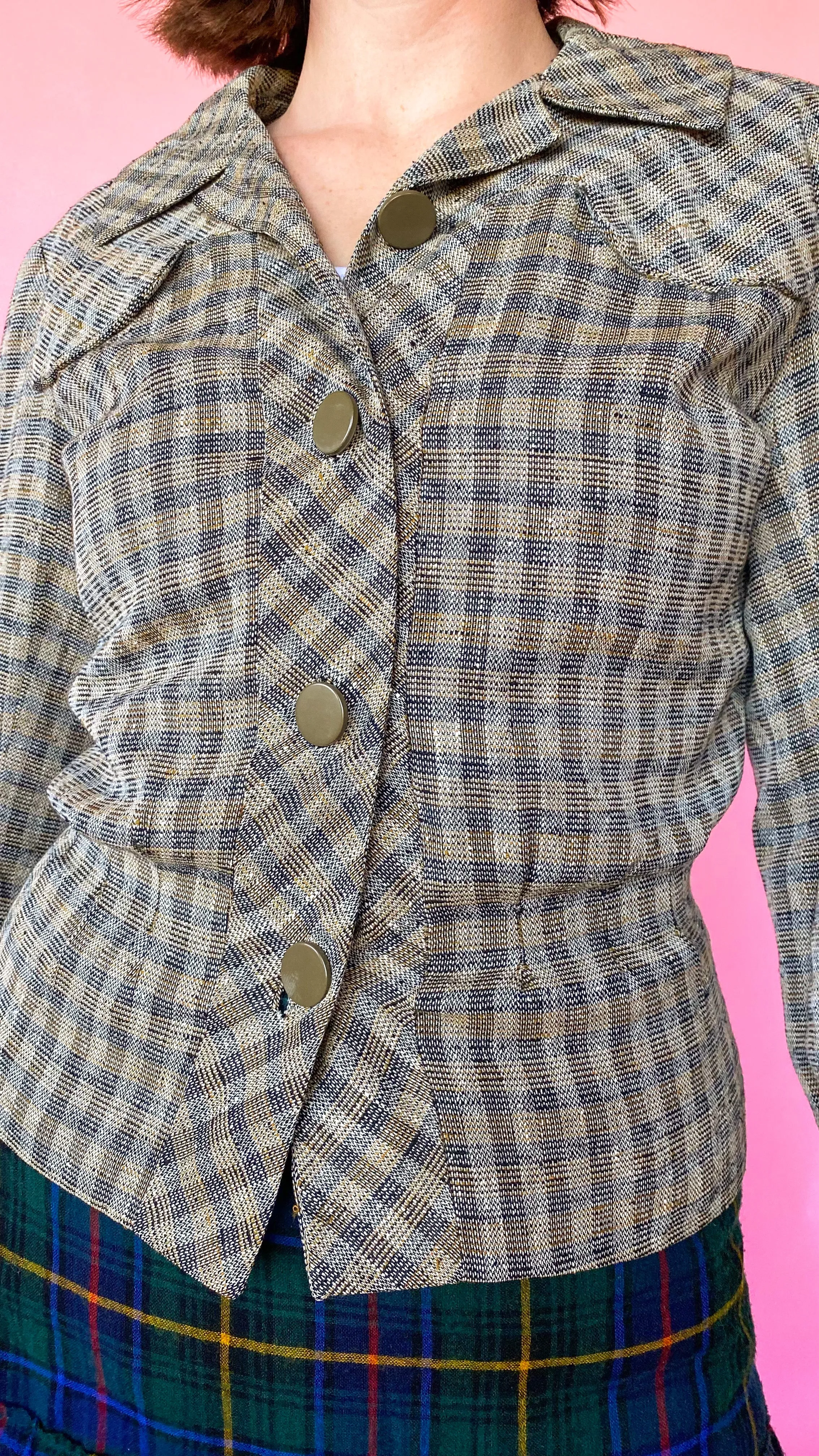 1940s Mustard Plaid Jacket, sz. S