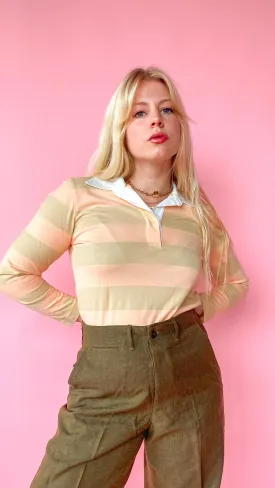 1990s Tan and Peach Striped Rugby Shirt, sz. M