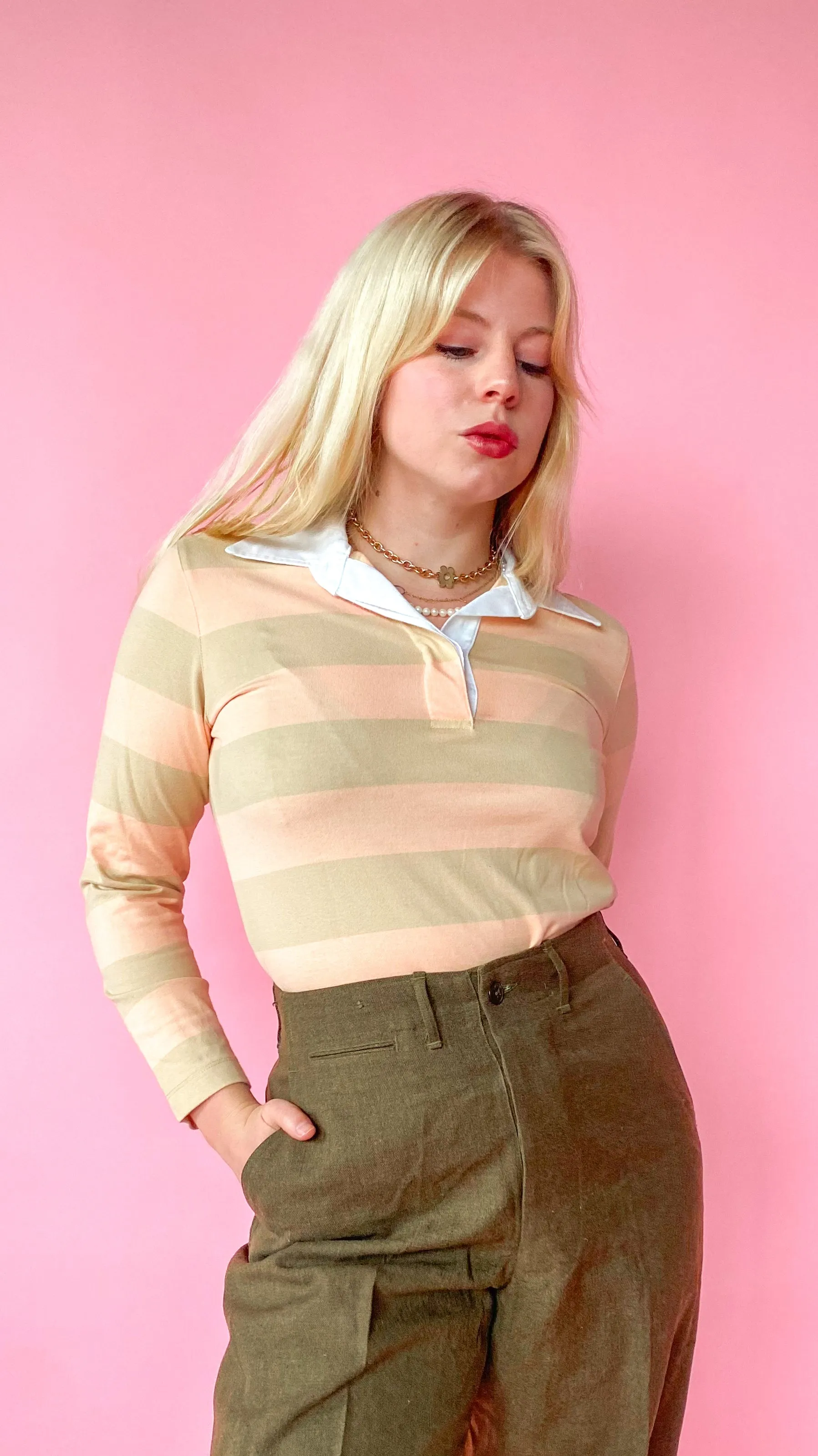 1990s Tan and Peach Striped Rugby Shirt, sz. M