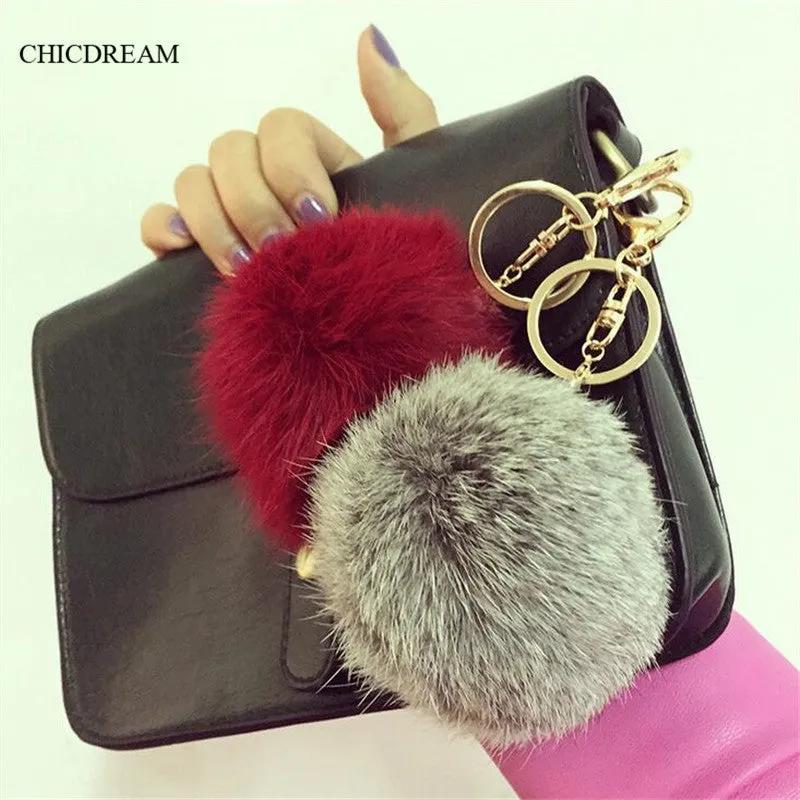 2016 Fashion 13 Colors Rabbit Fur Keychain Ball Pompom Cell Phone Car Keychain Pendant Handbag