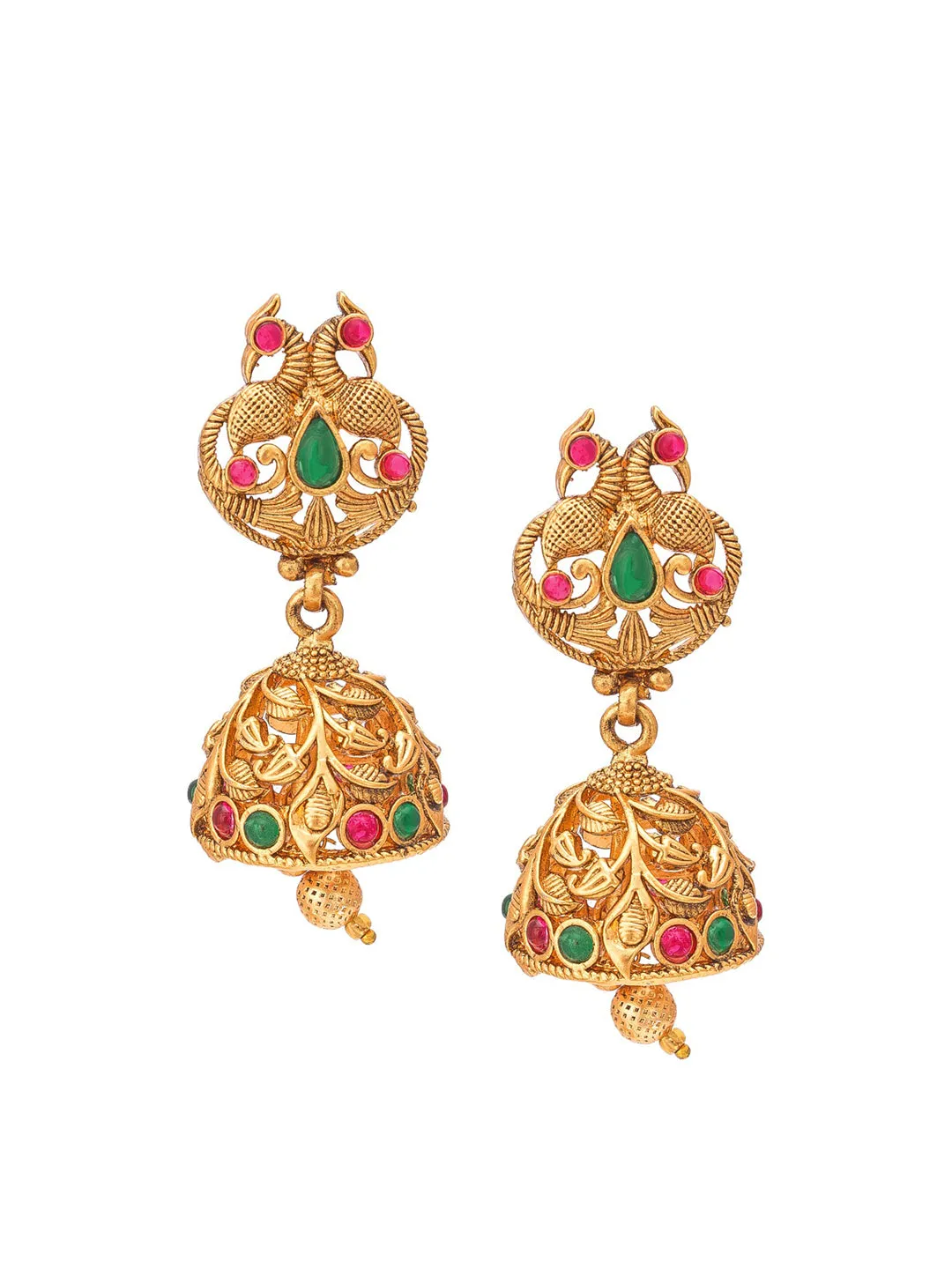 Aadita Gold-Plated Green & Pink Stone-Studded & Pearl Beaded Jewellery Set