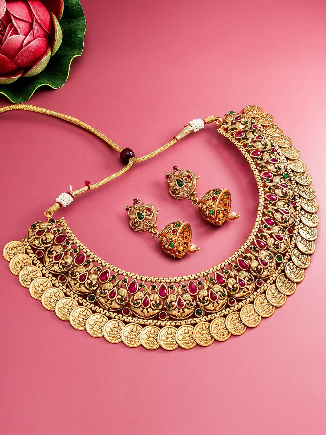 Aadita Gold-Plated Green & Pink Stone-Studded & Pearl Beaded Jewellery Set