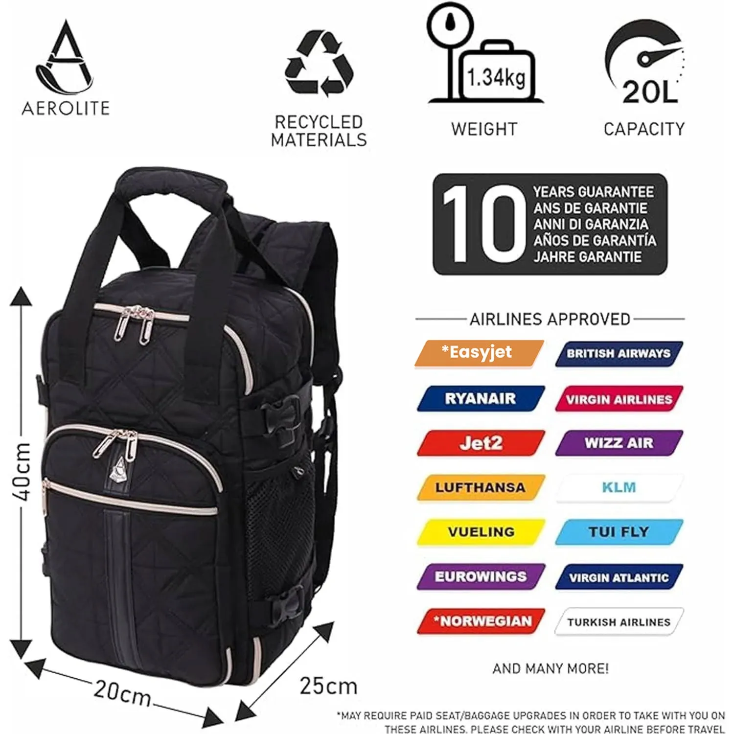 Aerolite 40x20x25cm Ryanair Maximum Premium Eco-Friendly Backpack with 10 Years Warranty (Quilted)   Luggage Scale   TSA Lock