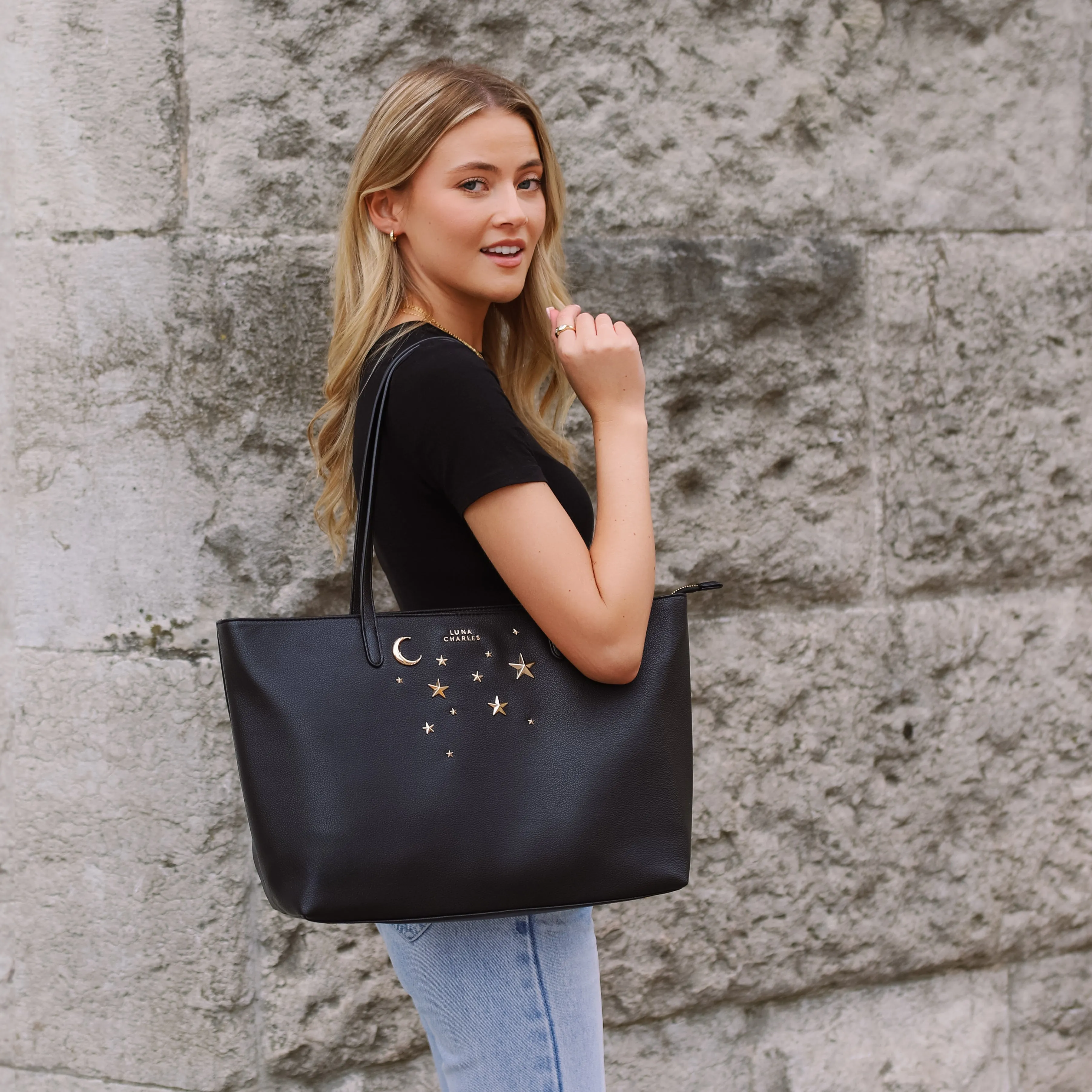 Anya Star Studded Tote Bag - Black & Gold