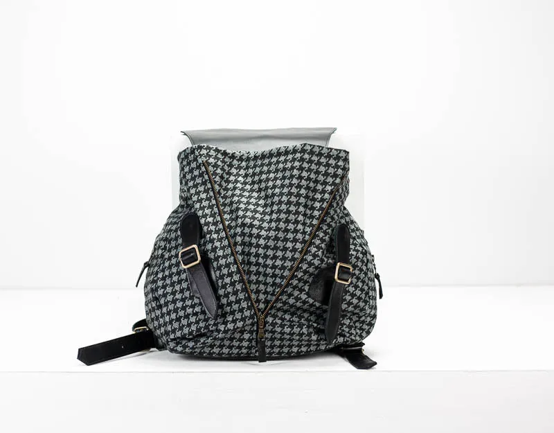 Artemis backpack - Jeans with houndstooth pattern and Black leather