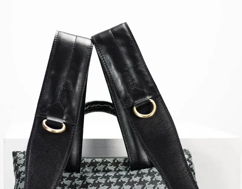 Artemis backpack - Jeans with houndstooth pattern and Black leather