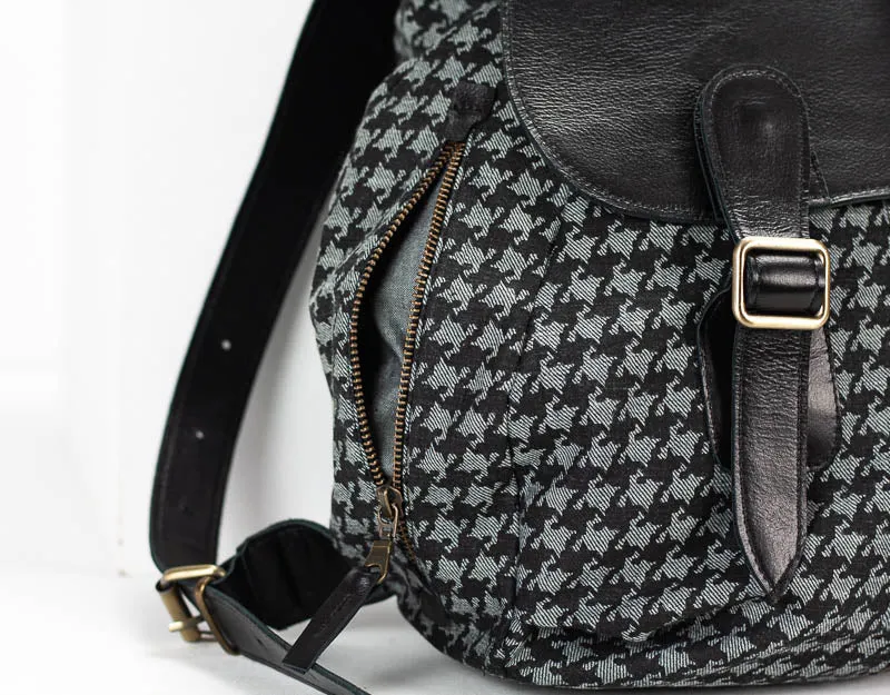 Artemis backpack - Jeans with houndstooth pattern and Black leather