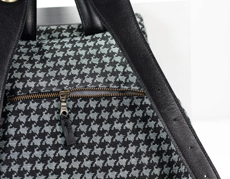 Artemis backpack - Jeans with houndstooth pattern and Black leather