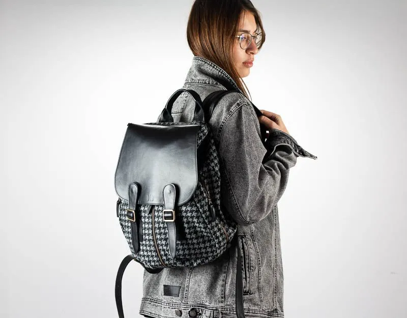 Artemis backpack - Jeans with houndstooth pattern and Black leather