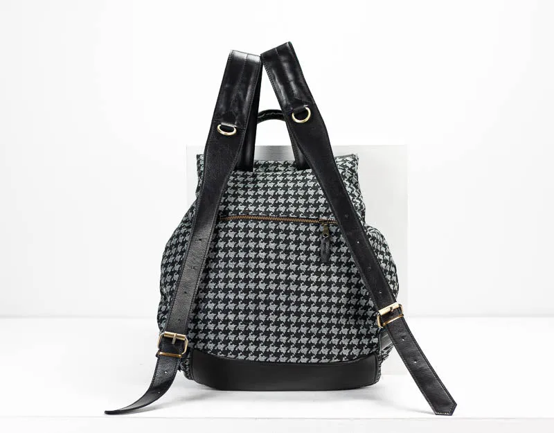 Artemis backpack - Jeans with houndstooth pattern and Black leather