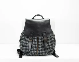 Artemis backpack - Jeans with houndstooth pattern and Black leather