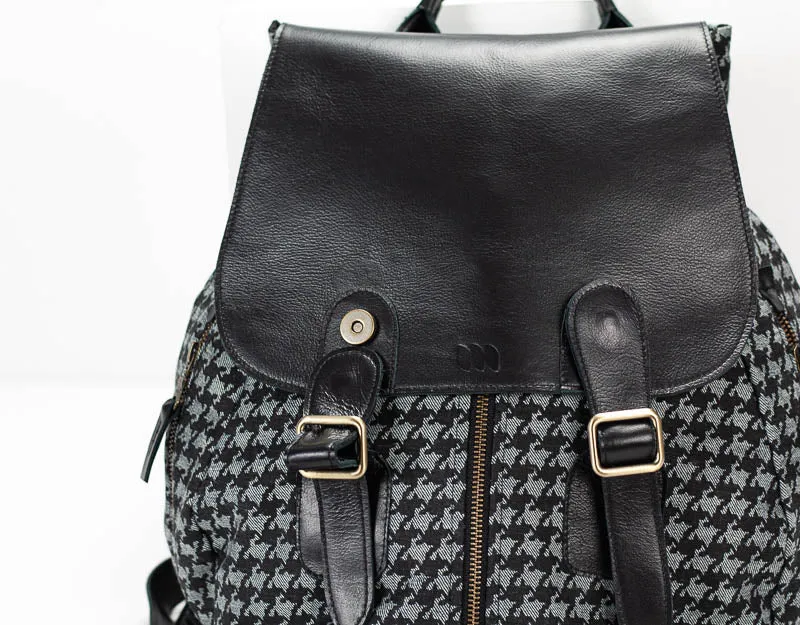 Artemis backpack - Jeans with houndstooth pattern and Black leather