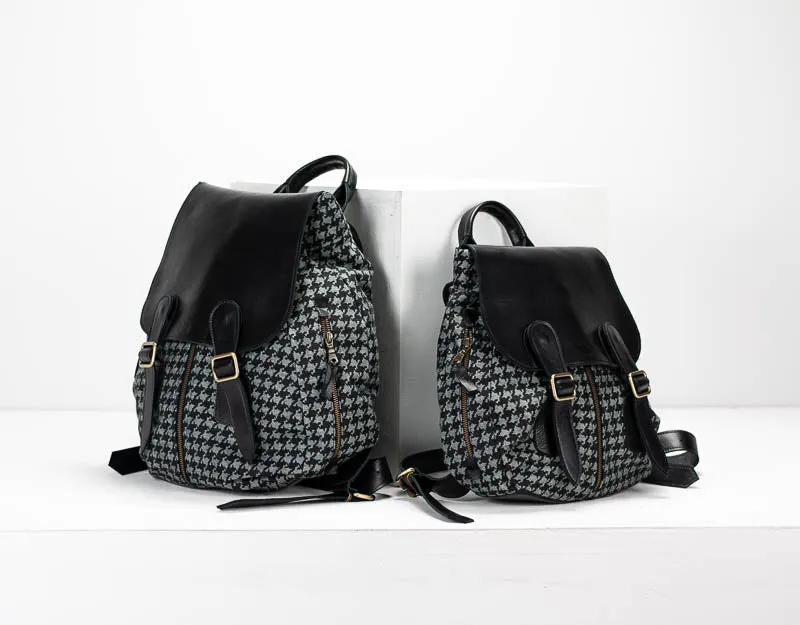 Artemis backpack - Jeans with houndstooth pattern and Black leather