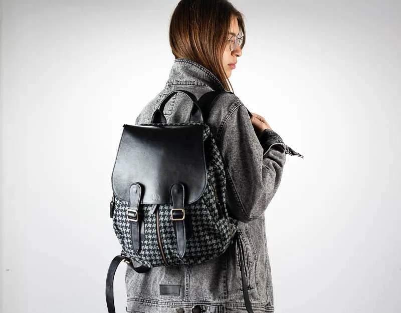 Artemis backpack - Jeans with houndstooth pattern and Black leather