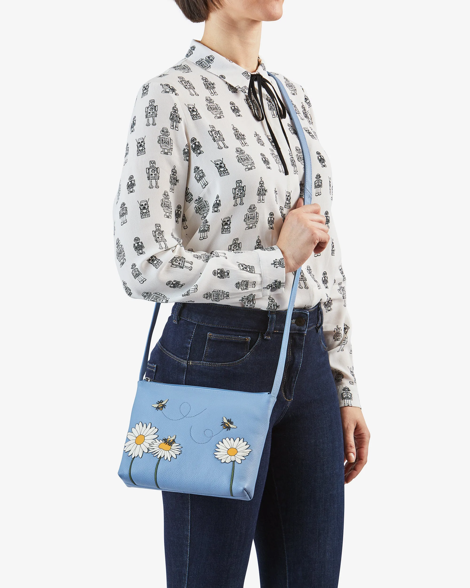 Bee Happy Blue Leather Cross Body Bag