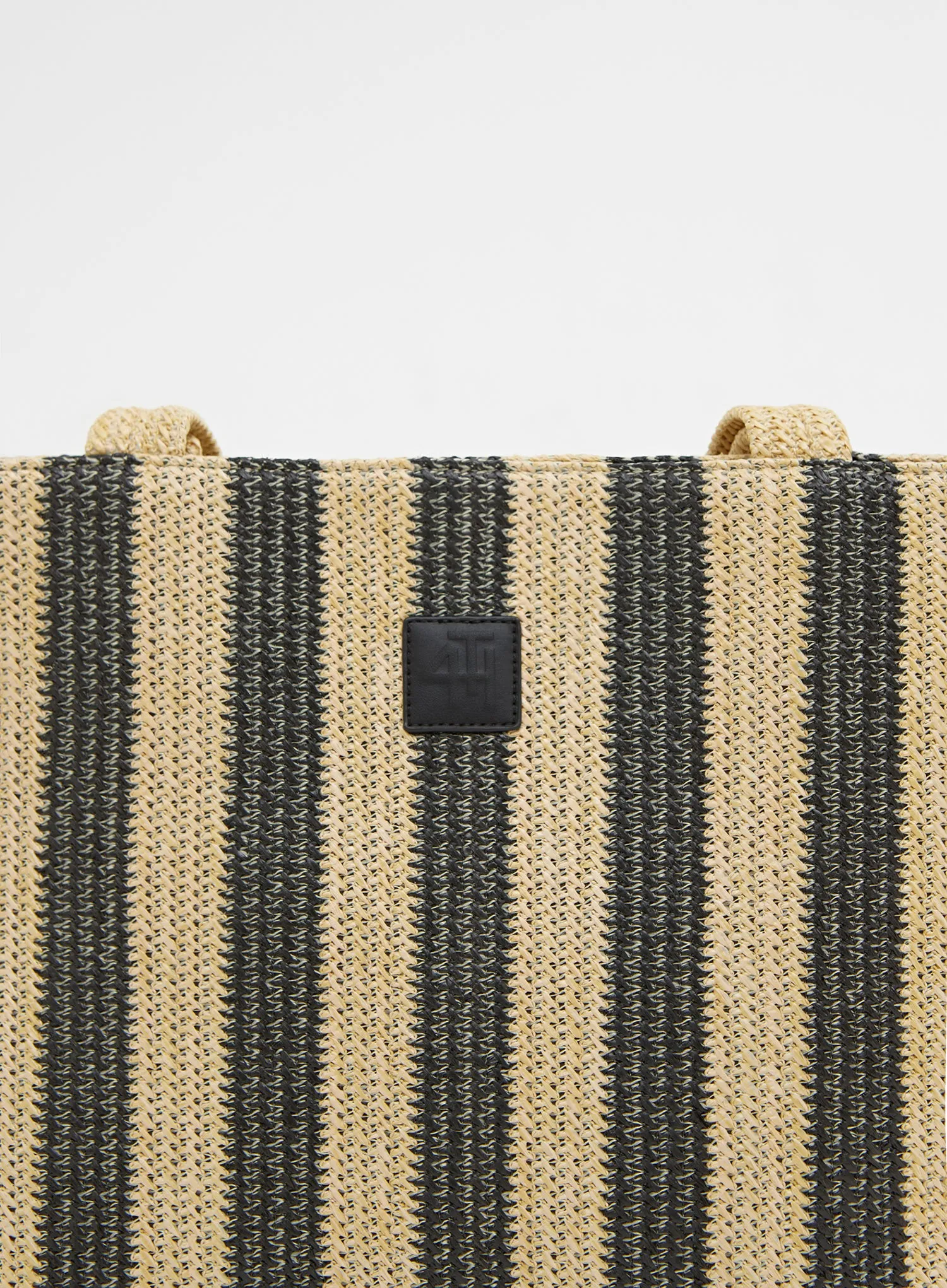 Beige And Black Striped Straw Tote Bag - Mina