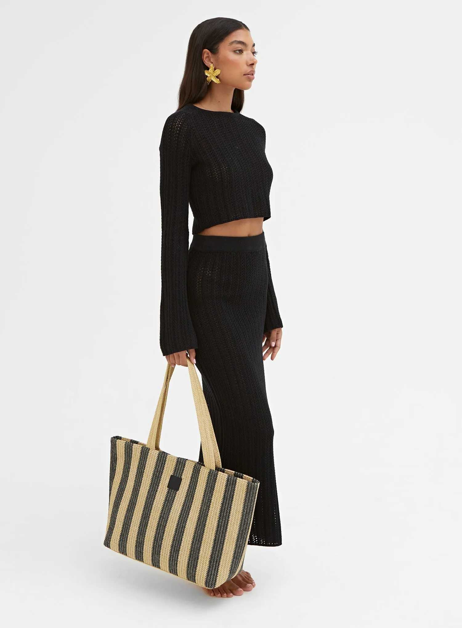 Beige And Black Striped Straw Tote Bag - Mina