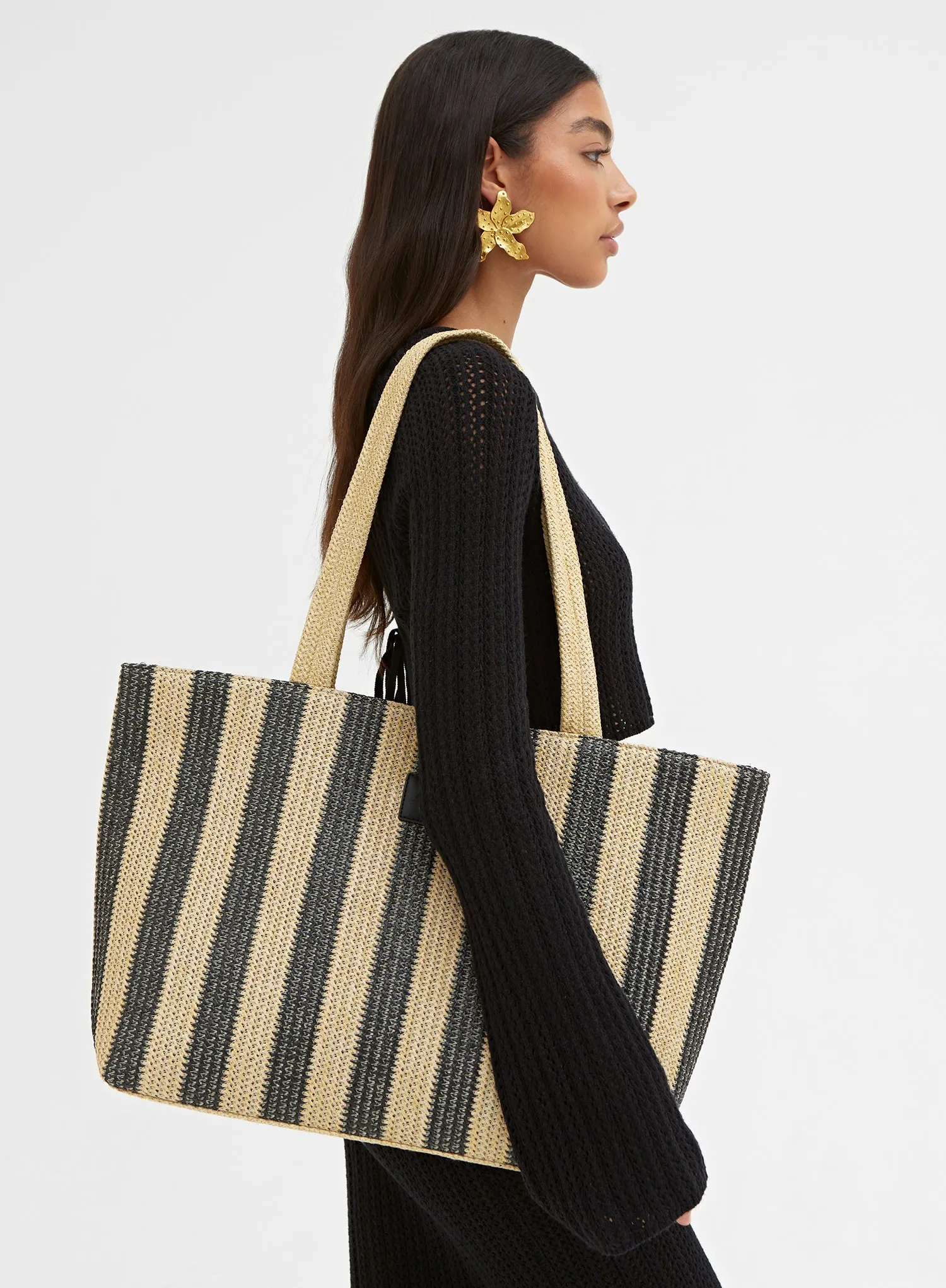 Beige And Black Striped Straw Tote Bag - Mina