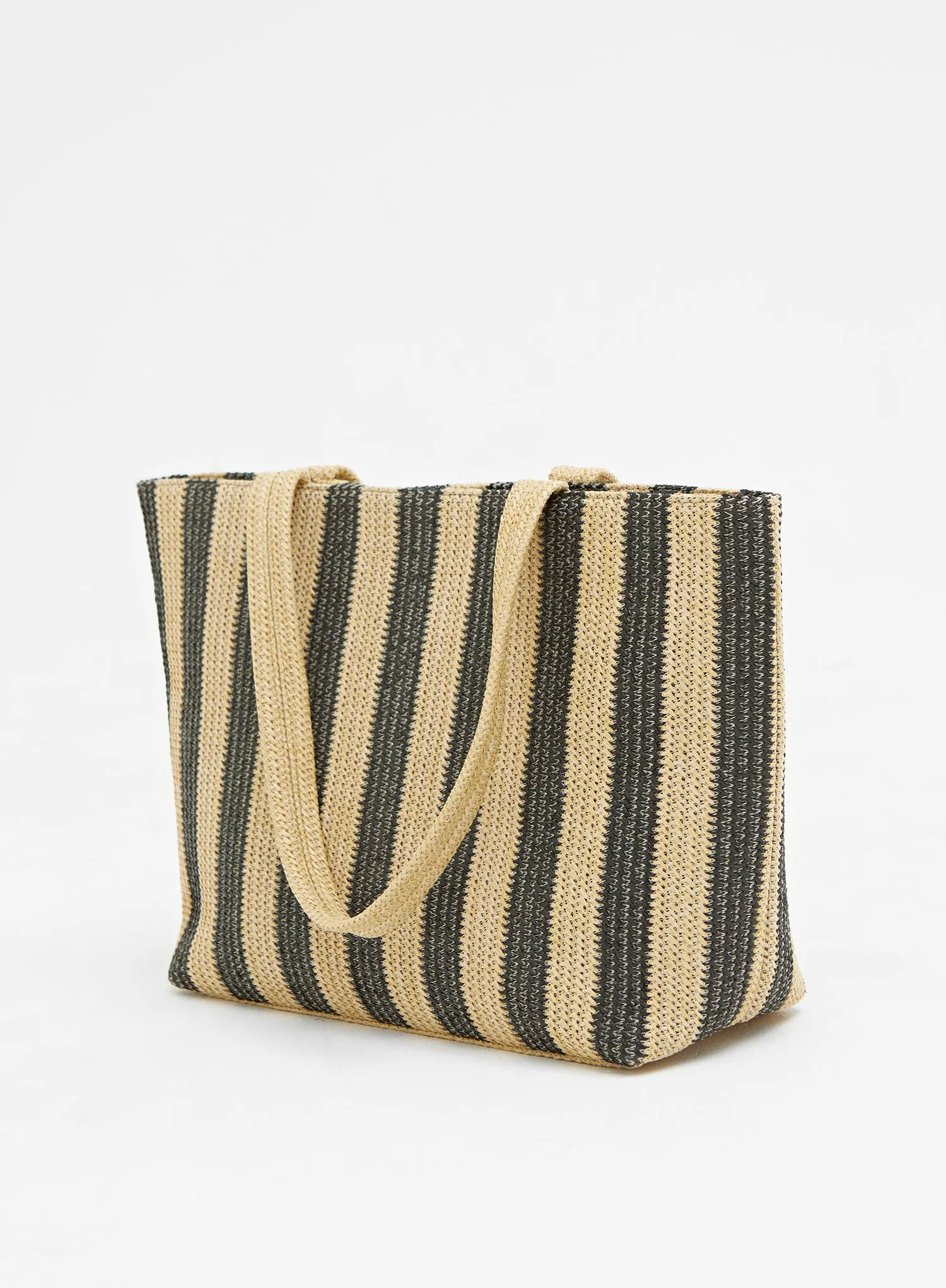 Beige And Black Striped Straw Tote Bag - Mina