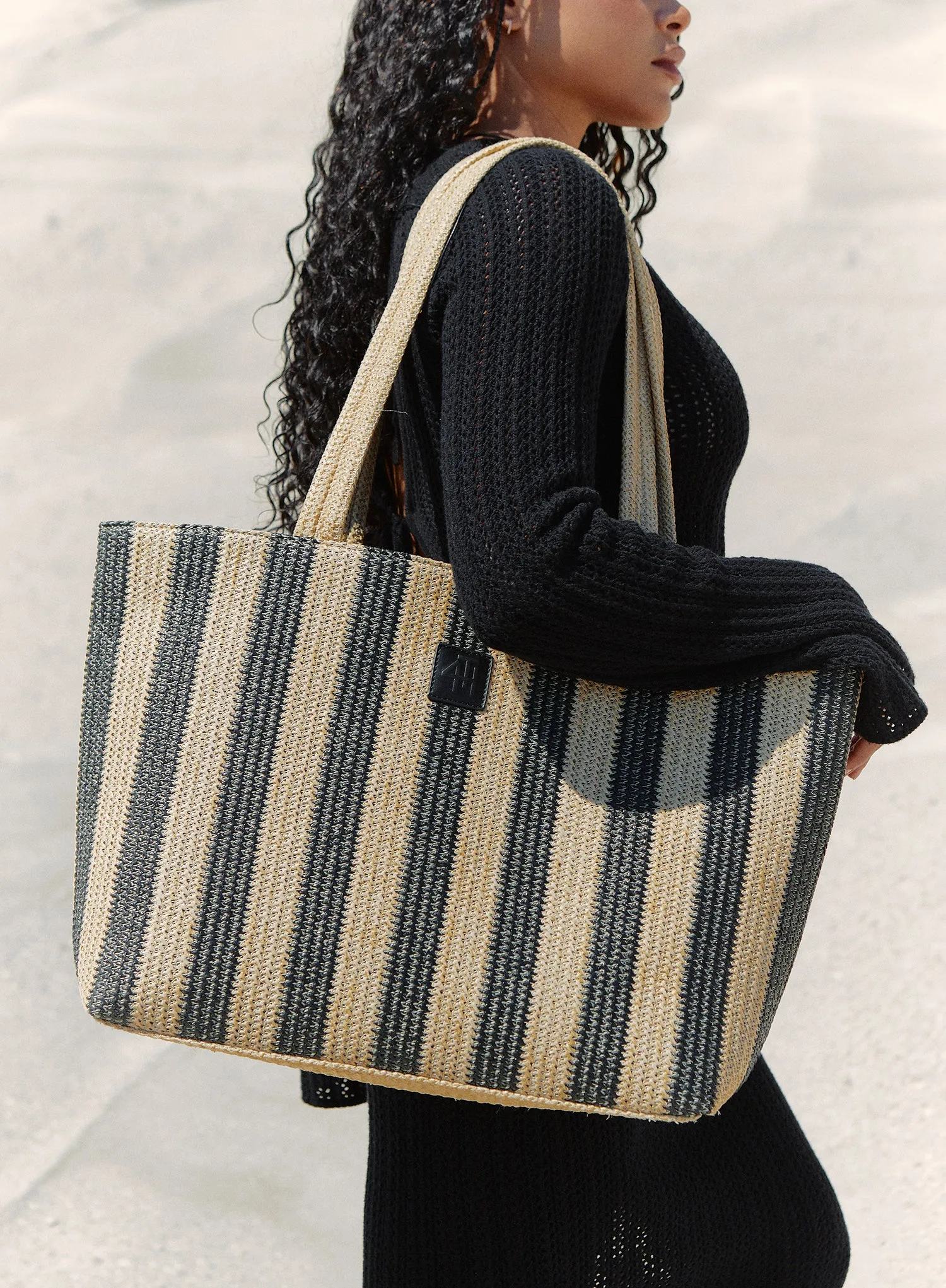 Beige And Black Striped Straw Tote Bag - Mina