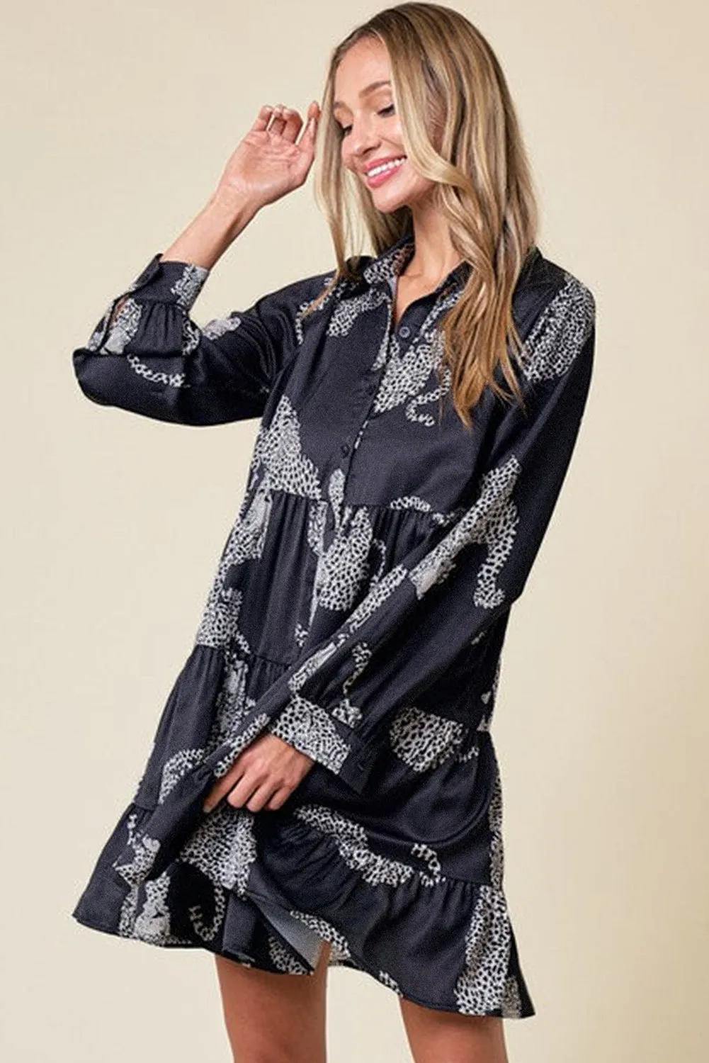 Black Leopard Print Button-up Long Sleeve Casual  Dress