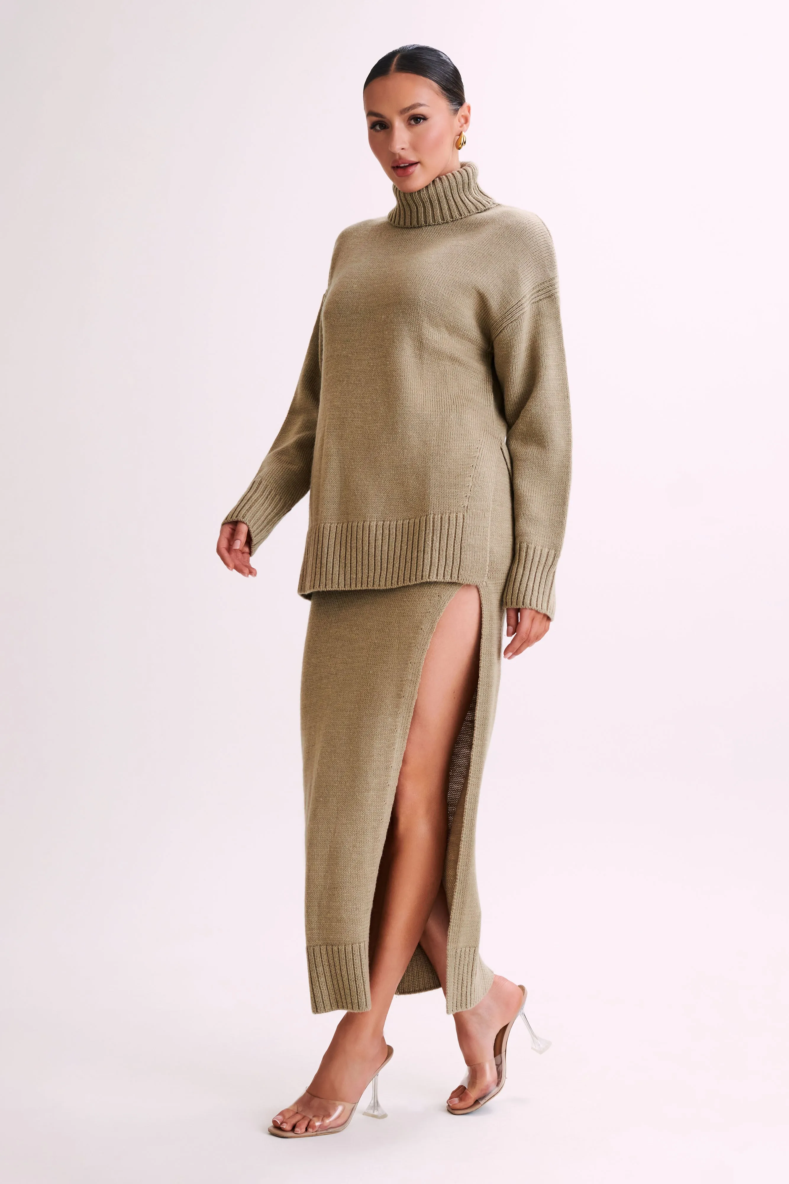 Brittany High Neck Knit Jumper - Taupe