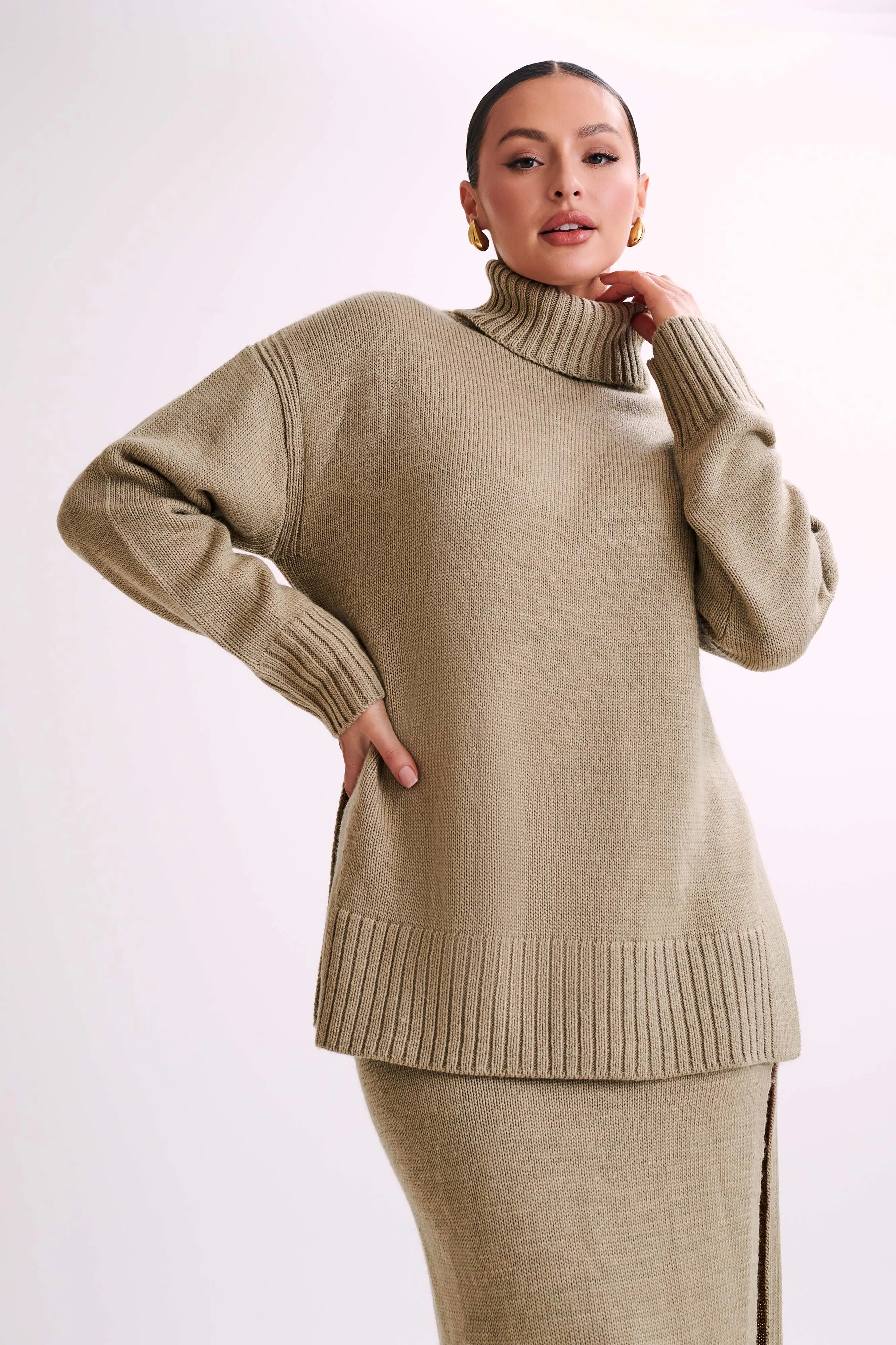 Brittany High Neck Knit Jumper - Taupe