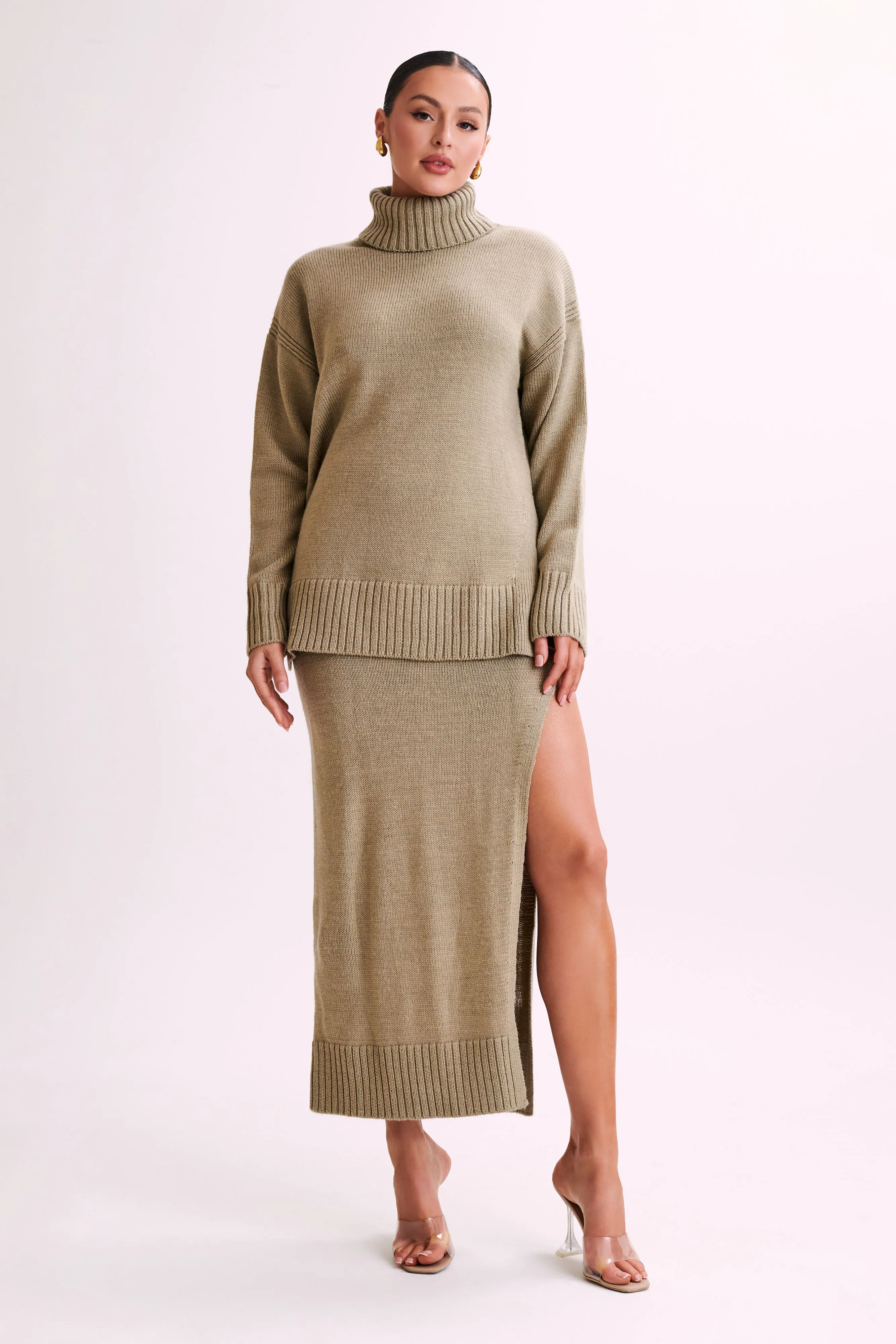 Brittany High Neck Knit Jumper - Taupe