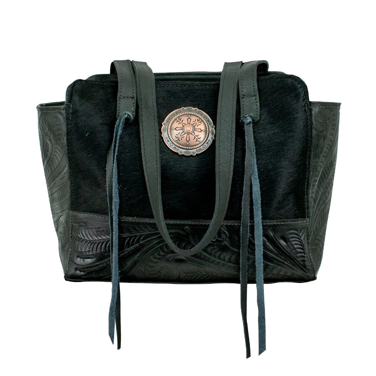 Cow Town Zip Top Tote with Secret Compartment - Black and Black Hair on Hide