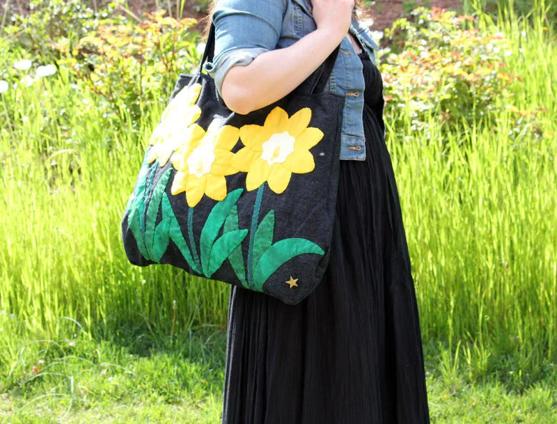 Daffodil Applique Denim Shoulder Handbag