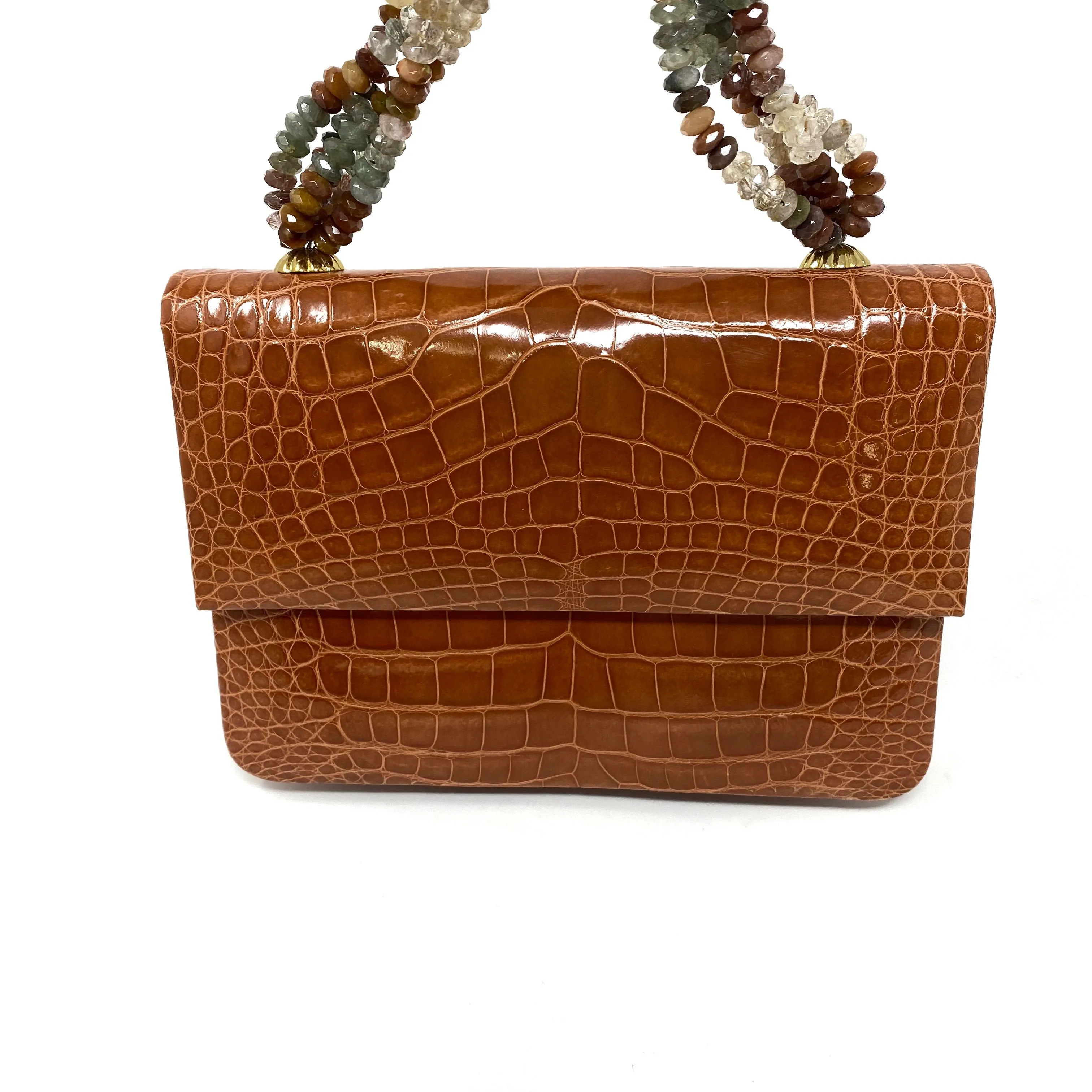 Darby Scott Mini Necklace Handbag in Brown Crocodile and Rutilated Quartz