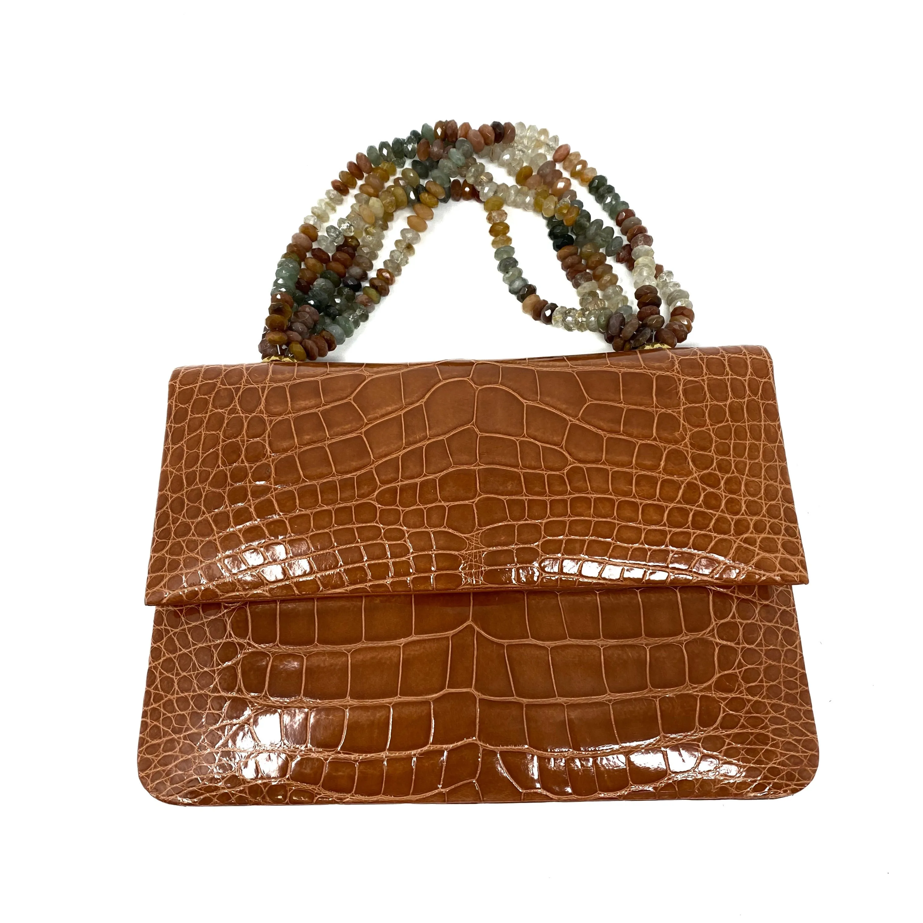 Darby Scott Mini Necklace Handbag in Brown Crocodile and Rutilated Quartz