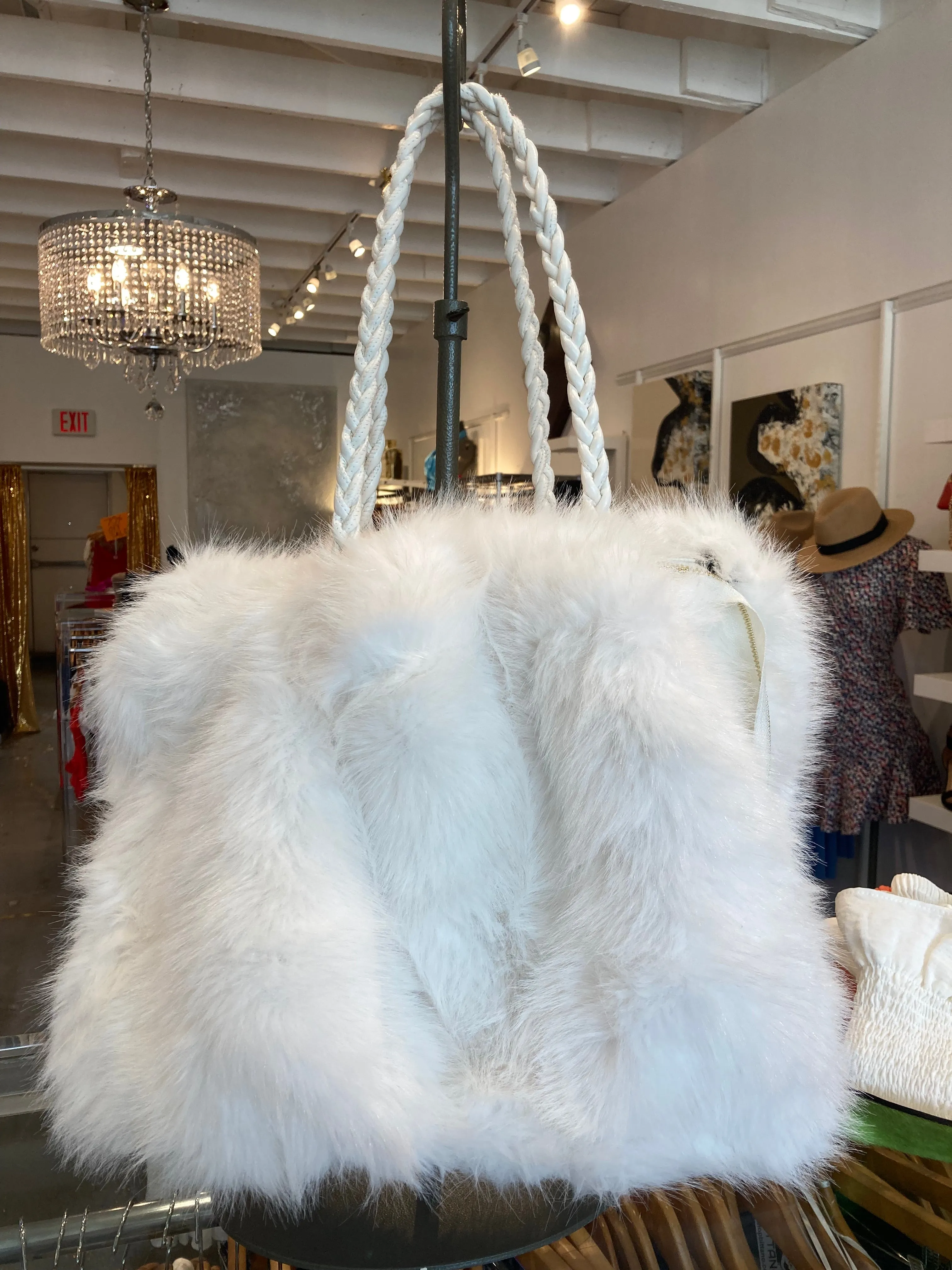 Fur tote purses with zipper and leather strap