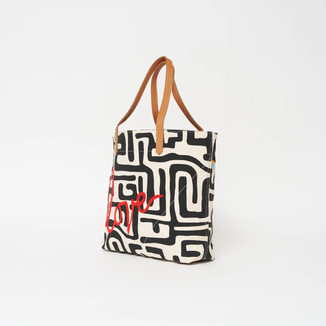 Go-To Tote - Black Kuba with Beaded Red Love