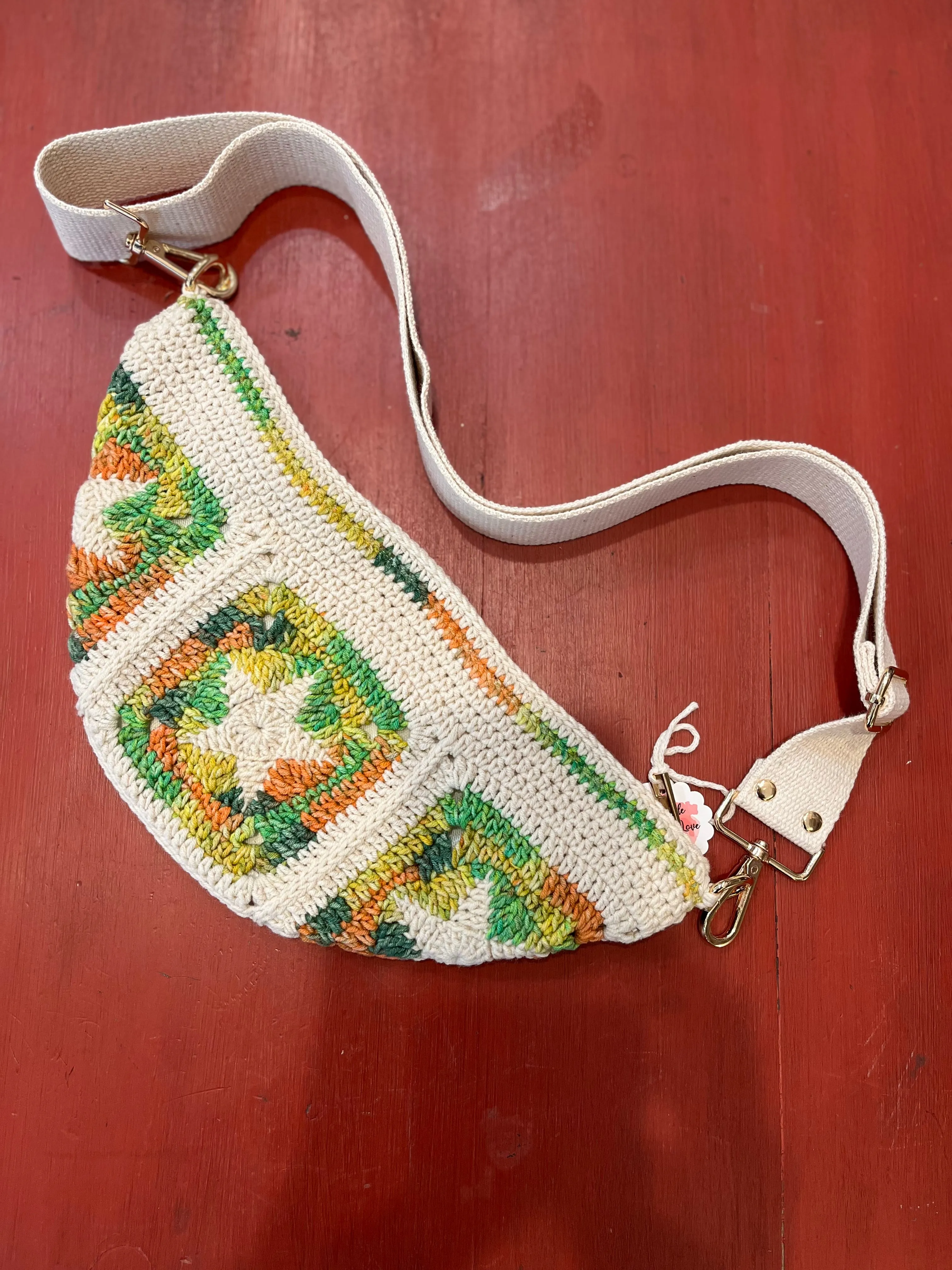 Hand Crochet Crossbody Adjustable Bag Green Star