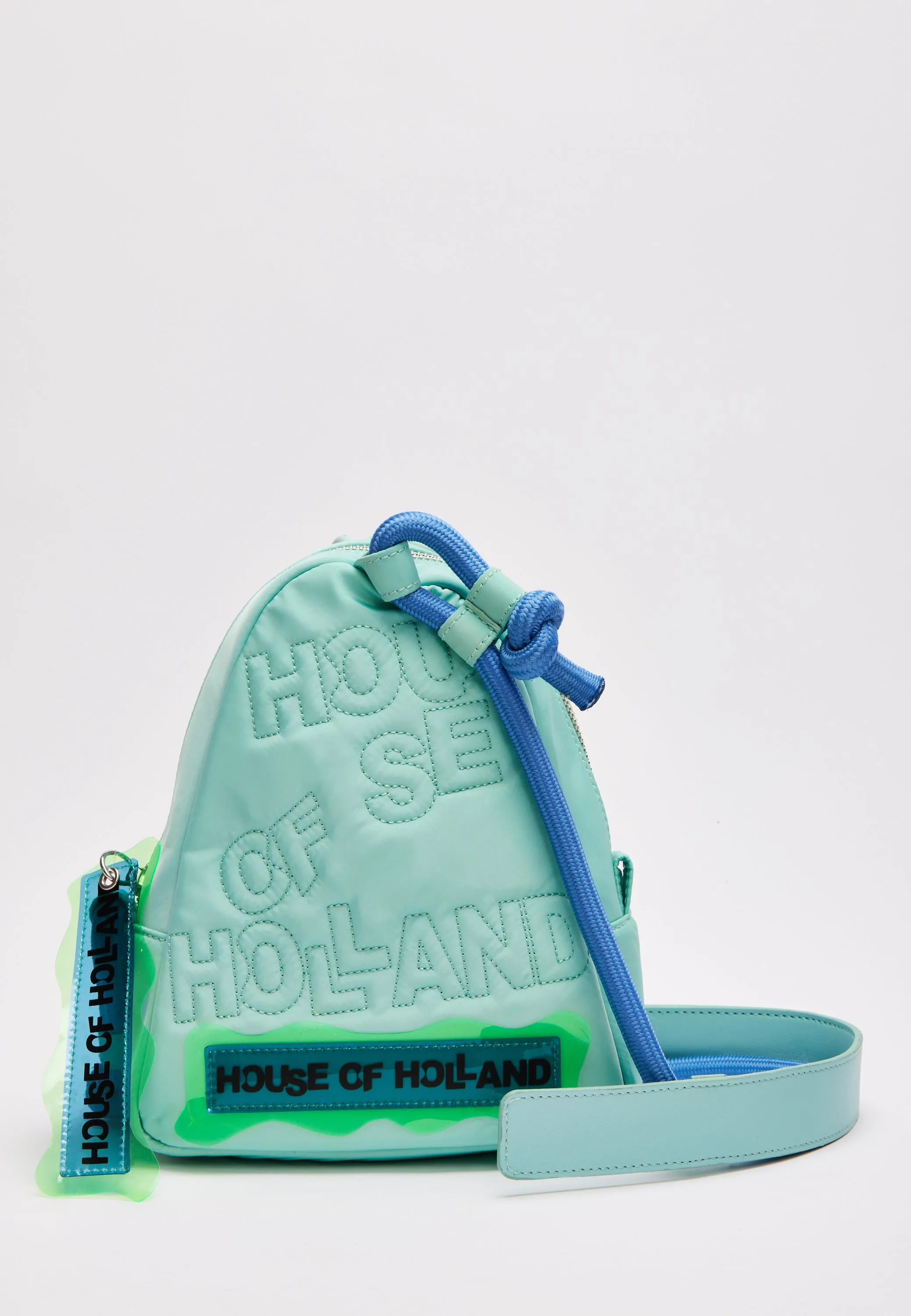 House Of Holland Cross Body Bag With Quilted Logo In Blue Tones And Rope Strap Detail