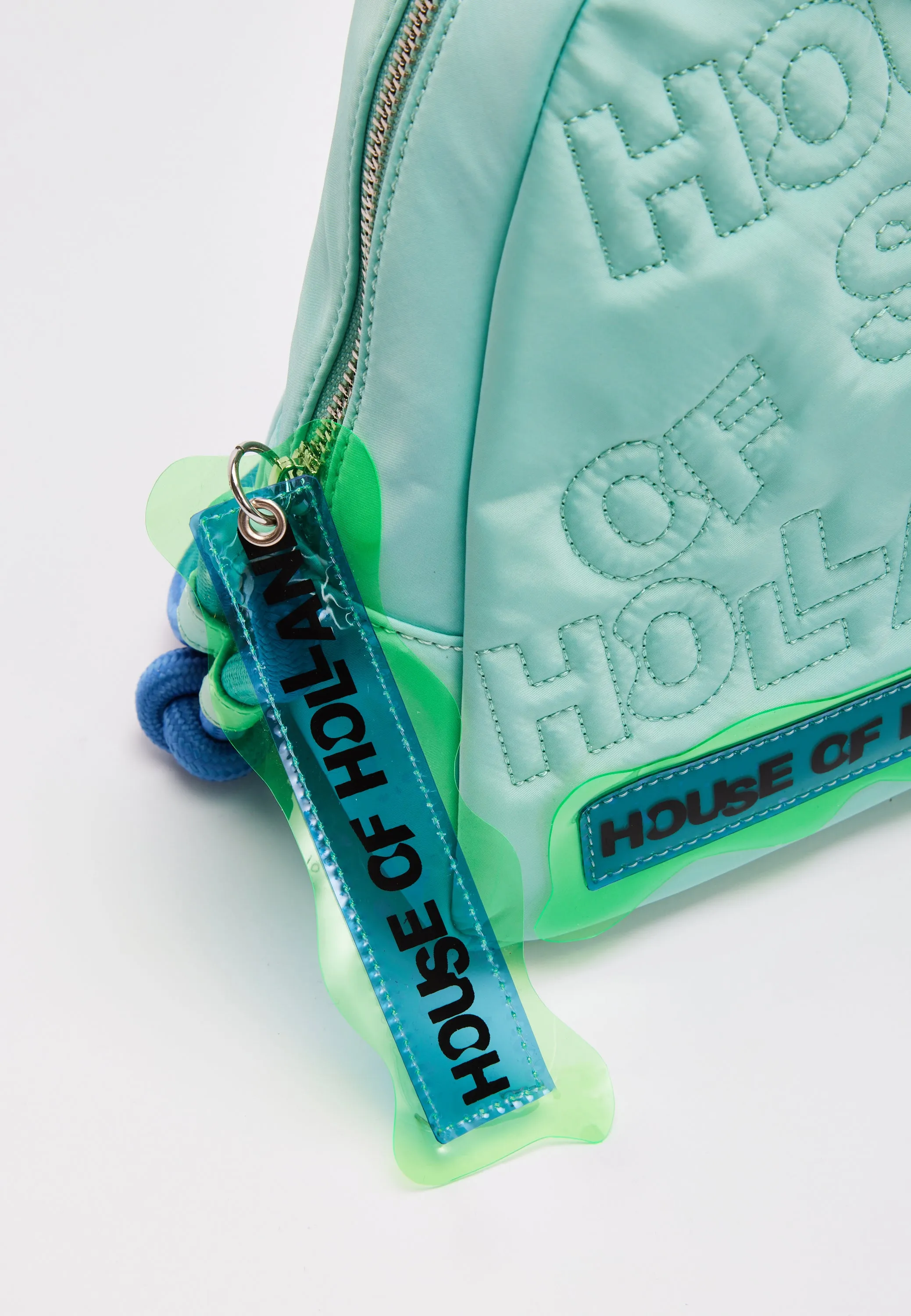 House Of Holland Cross Body Bag With Quilted Logo In Blue Tones And Rope Strap Detail