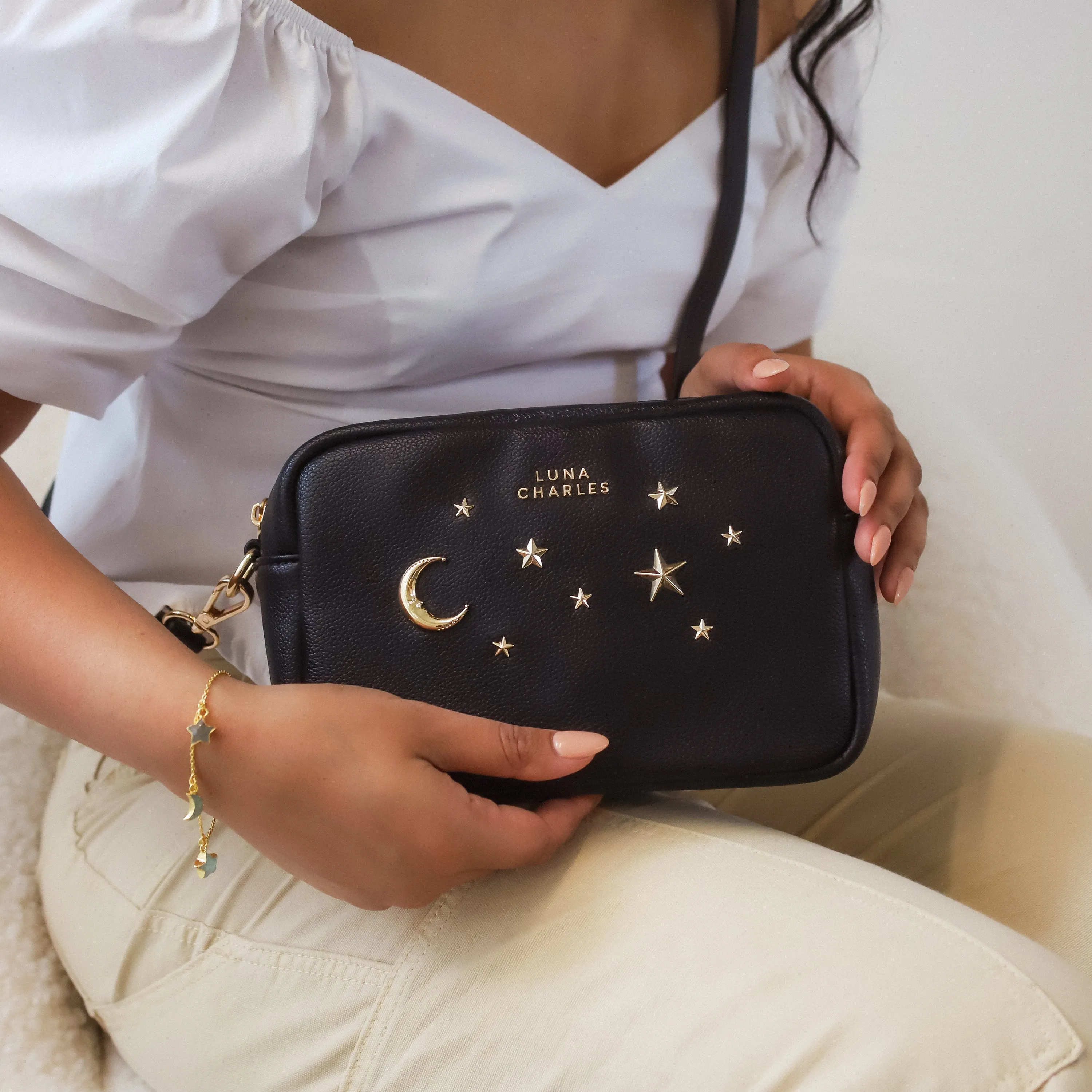 Maya Star Studded Crossbody Bag - Black & Gold