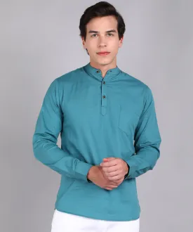 Men's Blue Cotton Full Sleeve Slim Fit Solid Shirt with Mandarin Collar