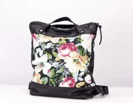 Minos backpack - Black leather & Floral canvas