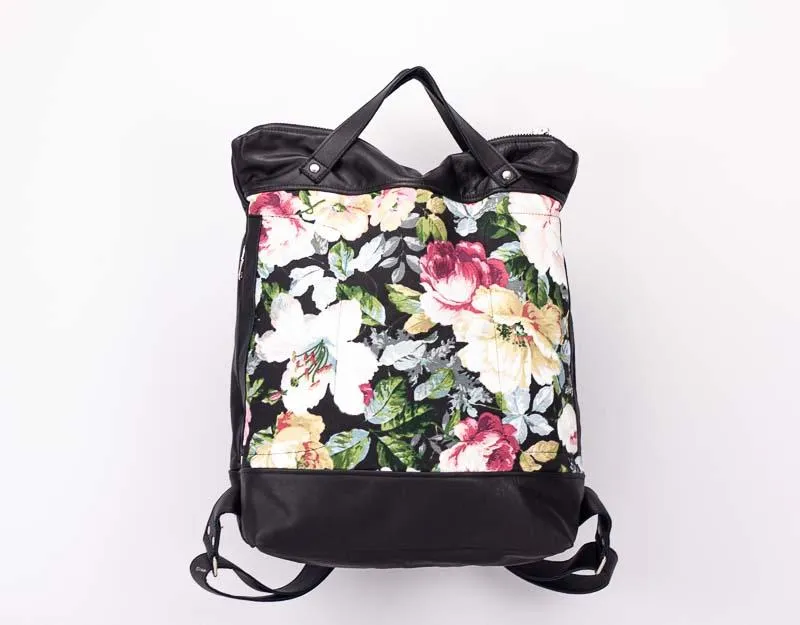 Minos backpack - Black leather & Floral canvas