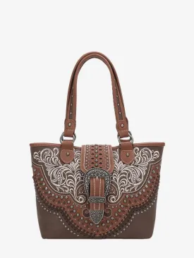 Montana West Vintage Floral Embroidered Buckle Studs Tote