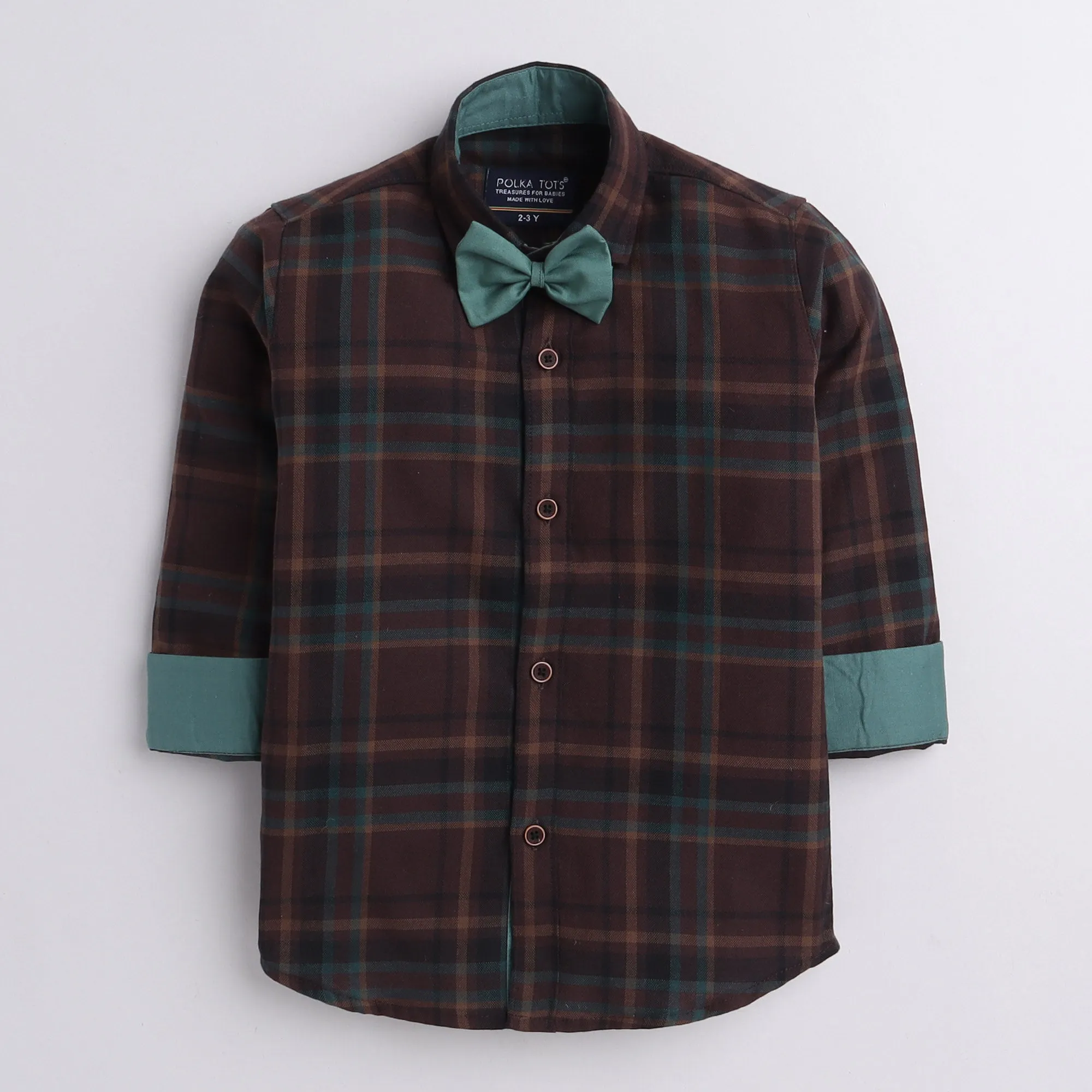 Polka Tots checks full sleeves  shirt with blue bow tie  elbow patch - Brown