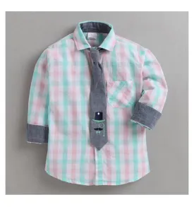 Polka Tots Full Sleeves Checks Shirt With Tie - Pink and Grey