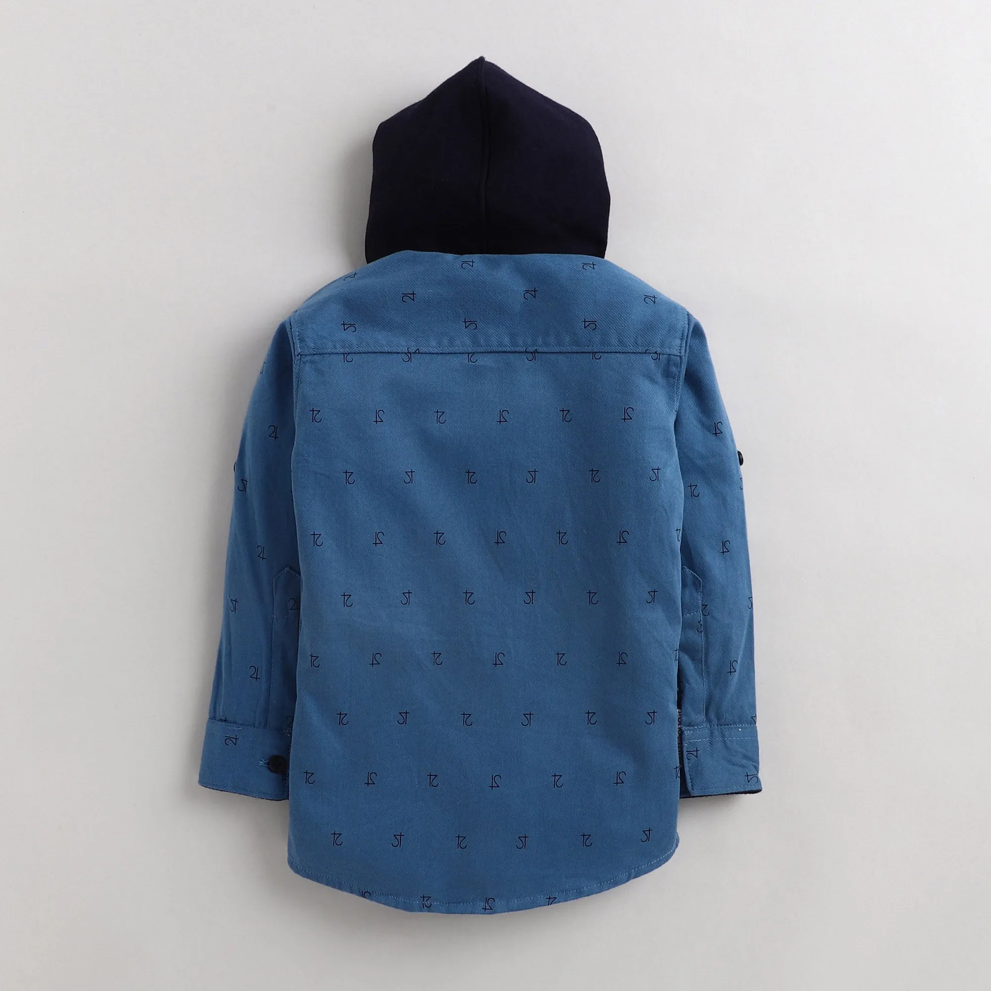 Polka Tots Full Sleeves Printed Hooded Shirt - Blue