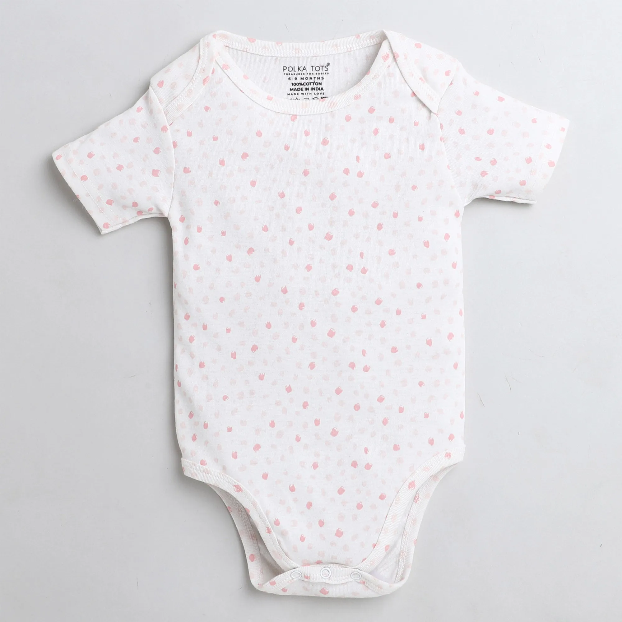 Polka Tots Half Sleeve Romper Onesie Peach White Print -  White