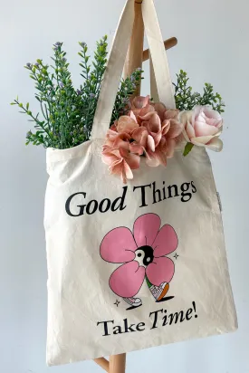 "Good Things Take Time" Canvas Tote (Cream)